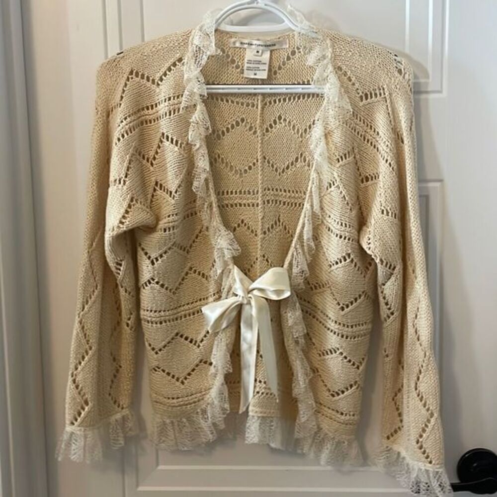 Diane Von Furstenberg Tan Crochet Tie Front Cardigan